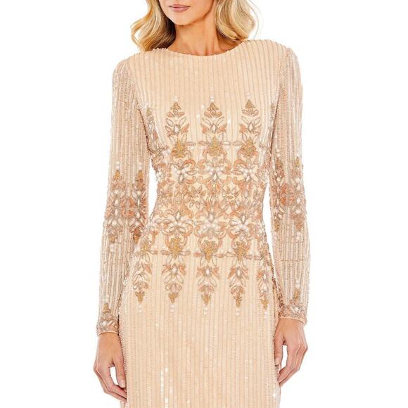 Mac Duggal 5576 Bead & Sequin Long Sleeve Sheath Gown Peach Size 4 NWT - Picture 4 of 16